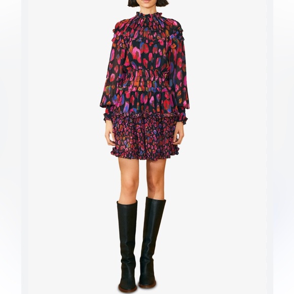 FARM Rio Medium Black Iridescent Leopard Print Mini Dress Long Sleeves NWOT